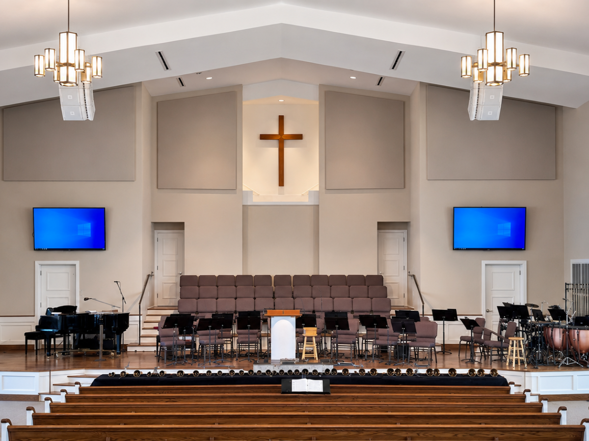 Modern church sanctuary with stage details